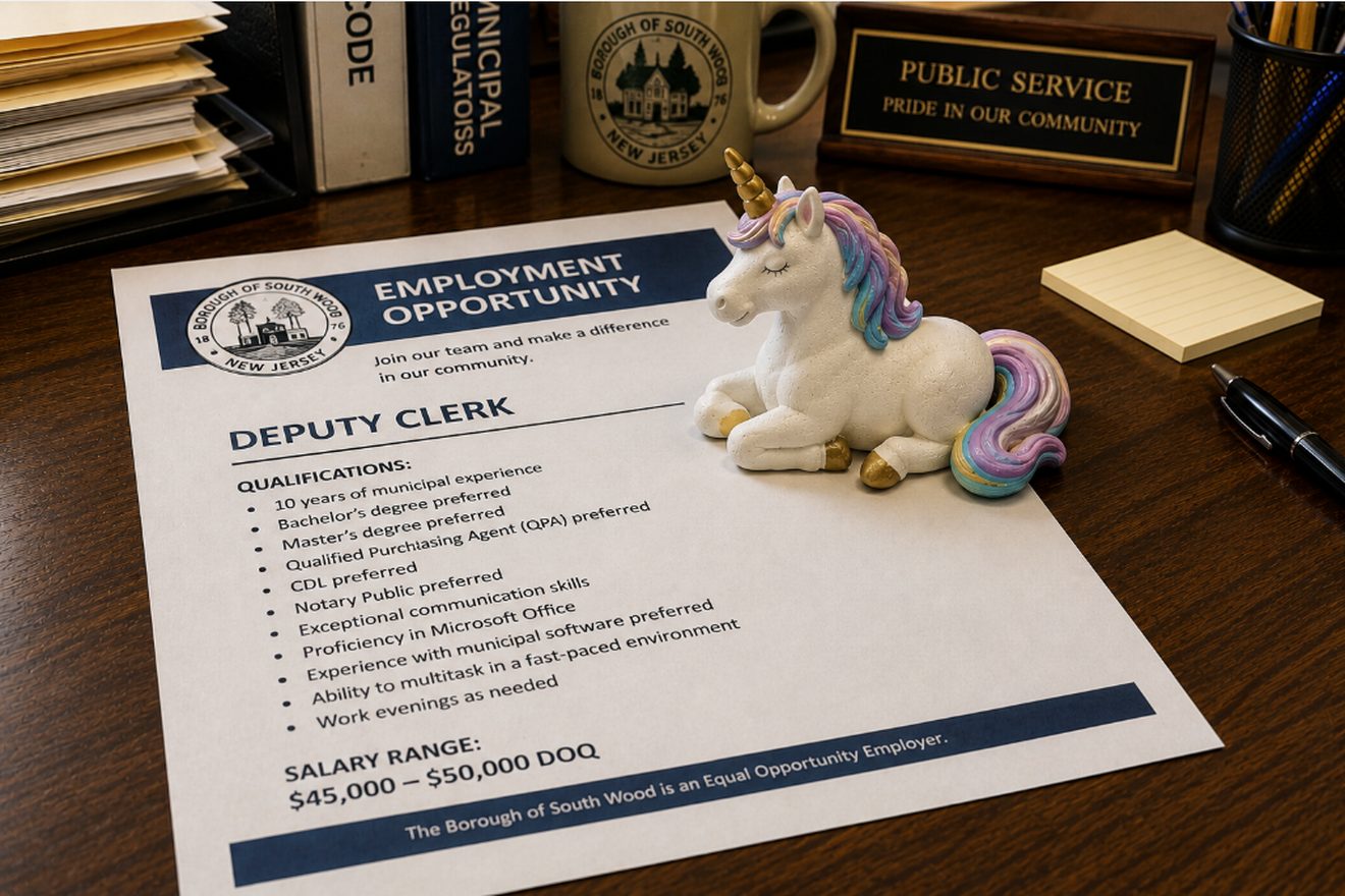 A satirical municipal job posting for a Deputy Clerk demanding a decade of experience and multiple licenses for a $45,000 salary, with a toy unicorn resting on it.